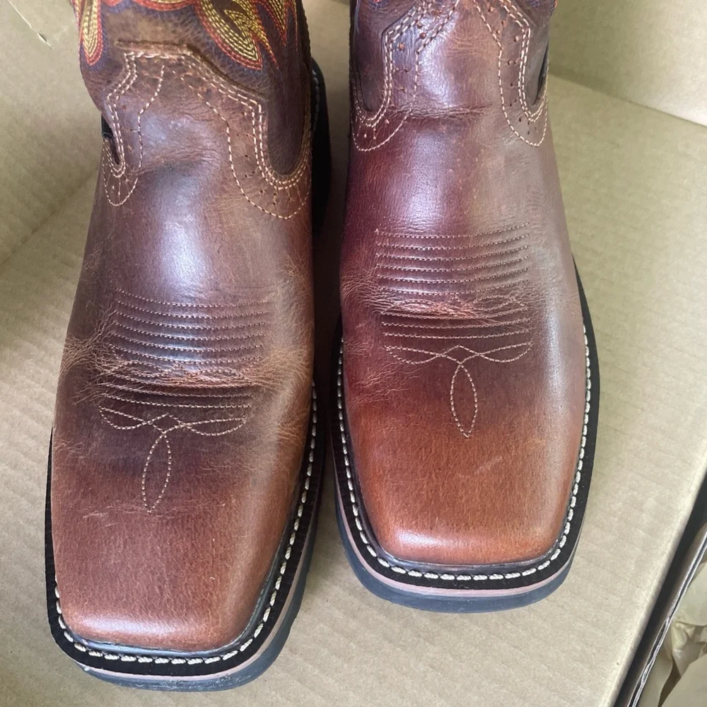 Justin Boots Brown Leather Western Work Boots with Red & Yellow Embroidery - Picture 2 of 9